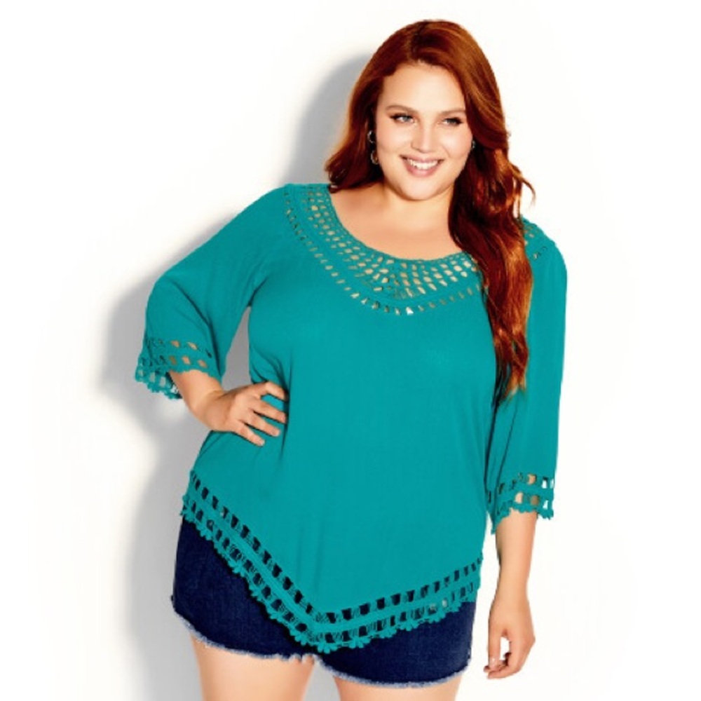 NEW City Chic Island Catalina Top Aqua/ Turquoise Crochet Tunic/Swimwear Plus 18